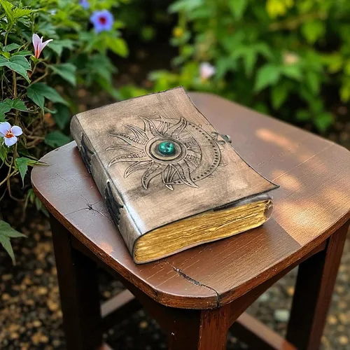 Vista 2 de Leather Journal with Sun & Moon Embossed Design – Vintage Notebook with Green Gemstone Spell Book, Grimoire, Travel Diary, Sketchbook, Writing