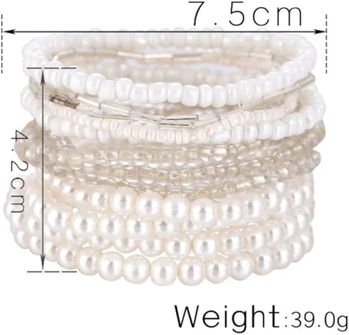 Vista 6 de Caiyao Juego de pulseras elásticas de perlas de imitación para mujer, multicapa con cuentas bohemias de semillas de arroz, hilo de perlas apilable