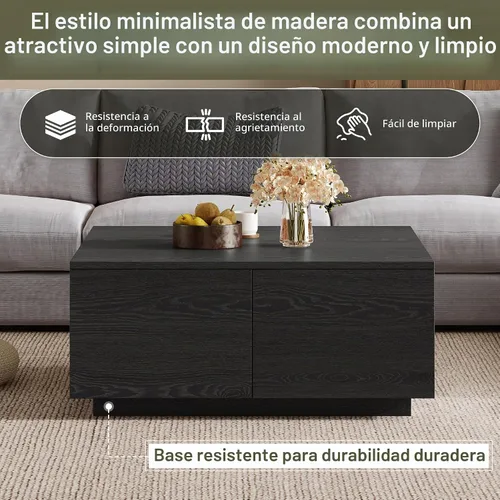 Vista 4 de SSLine Mesa de centro cuadrada con 4 cajones de almacenamiento, mesa de centro de madera negra de 33.2 pulgadas para sala de estar, mesas centrales