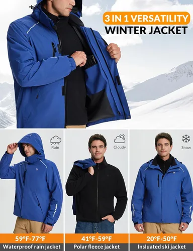 Vista 3 de baleaf Chaqueta impermeable para hombre 3 en 1 para esquí de invierno, rompevientos con capucha reflectante, plegable, con chaqueta de forro polar