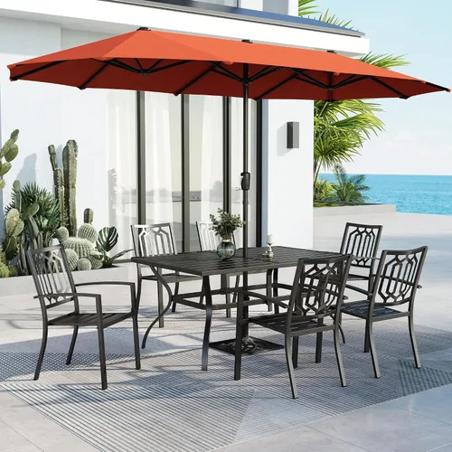 Vista 42 de MFSTUDIO Juego de mesa de comedor para patio al aire libre con paraguas, 4 sillas giratorias y 1 x 37 cuadrado Bistro forjado Iorn Slat mesa grande