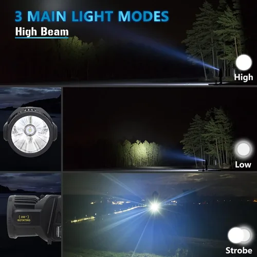 Vista 3 de Foco de 3000000 lúmenes, linterna LED recargable de 9 modos con cabezal giratorio de 350°, luces de punto superbrillantes para exteriores portátil