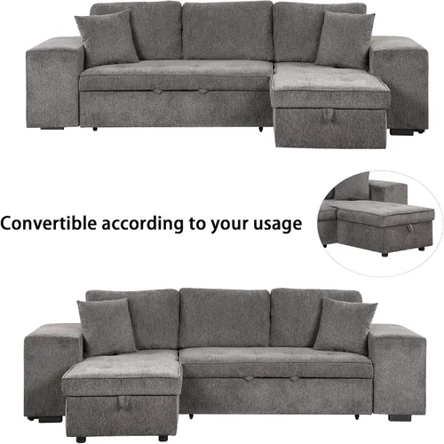 Vista 3 de Sofá cama modular de 104 pulgadas con diván convertible de almacenamiento y taburetes para sala de estar, moderno sofá cama extraíble de 3 asientos