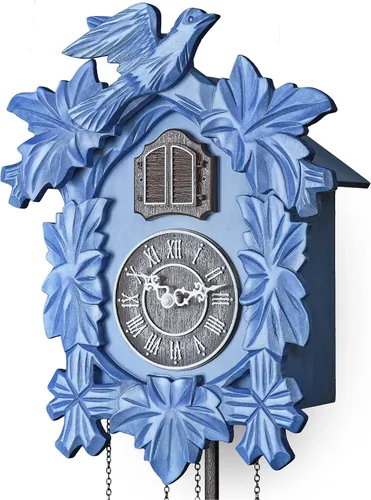 Vista 7 de TIMEGEAR Reloj de cuco con modo nocturno, decoraciones talladas a mano y péndulo oscilante (azul)