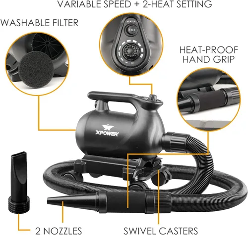 Vista 6 de XPOWER A-12 Ventilador profesional para secadora de coche con 2 ajustes de calor y base móvil con ruedas giratorias A-12