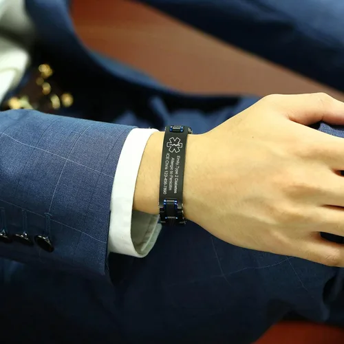Vista 3 de VNOX Pulseras de identificación de alerta médica de emergencia de dos tonos para hombres, esposo, padre