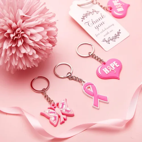 Vista 5 de Taiyin Breast Cancer Awareness Gifts Pink Breast Cancer Keychain Bulk Pink Ribbon Butterfly Heart Keychains Breast Cancer