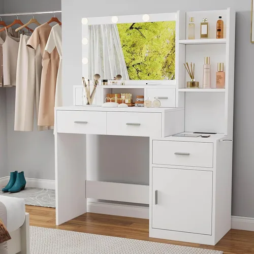 Vista 4 de Escritorio de tocador con luces, juego de mesa de tocador de maquillaje con 5 cajones, tocador de maquillaje blanco con espejo iluminado, 3 modos