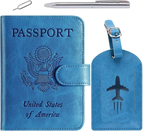 Vista 24 de Funda para pasaporte, cartera con bloqueo RFID, funda de piel para tarjetas, accesorios de viaje para mujeres y hombres, negro