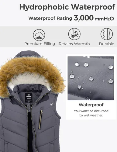 Vista 5 de Wantdo Chaleco grueso de invierno para mujer, acolchado, cálido, con capucha de piel extraíble