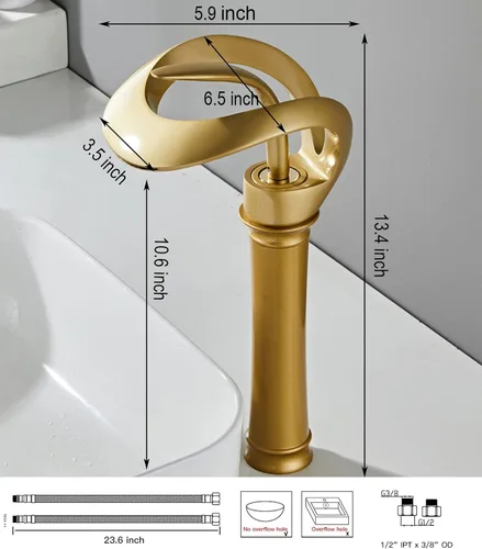 Vista 2 de Grifo de Lavabo para Baño de Diseño Alto y Hueco en Estilo Granja, con Boquilla en Cascada de Oro Antiguo, de una Sola Manija, de un Solo Agujero