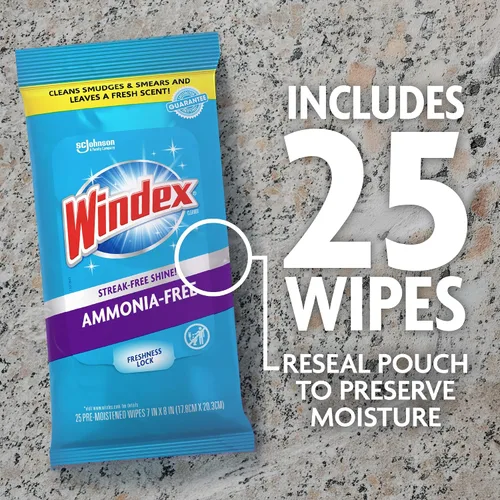 Vista 3 de Windex Toallitas de limpieza de vidrio, sin amoníaco, toallitas prehumedecidas para limpiar todas las superficies de vidrio, aroma fresco de lluvia