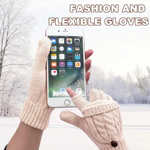 Vista 65 de Beurlike Guantes de invierno para mujer, de lana cálida, a prueba de viento, convertibles, sin dedos