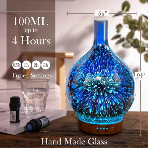 Vista 5 de Porseme Difusor de aceite esencial de volcán Aladdin de 3.4 fl oz + 3.4 fl oz de vidrio 3D aromaterapia humidificador ultrasónico niebla fría