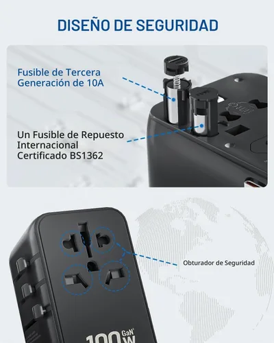 Vista 6 de DOACE Adaptador de viaje universal GaN de 100 W, adaptador de corriente internacional 6 en 1, enchufe de viaje europeo con cable USB-C integrado