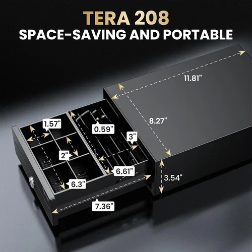 Vista 2 de Tera Cajón de caja registradora 8 "Mini: 4 billetes 6 monedas pequeño cajón de efectivo abierto automático con ranura para medios 24V Cable RJ12