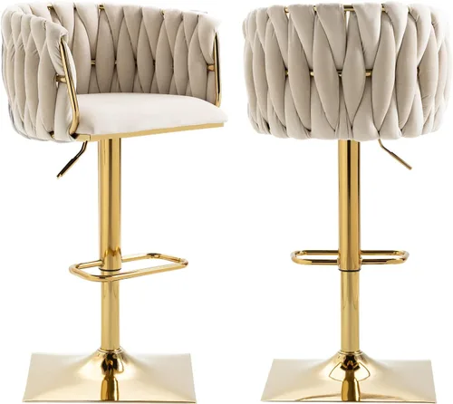 Vista 10 de NIOIIKIT Juego de 2 taburetes de bar tapizados de terciopelo, silla de altura de mostrador con respaldo tejido a mano, taburete de comedor