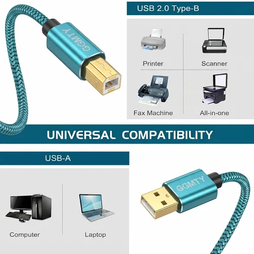 Vista 2 de Cable de impresora USB de 6 pies, cable escáner USB 2.0 tipo A macho a B macho, de alta velocidad, compatible con HP, Canon, Dell, Epson, Xerox y más