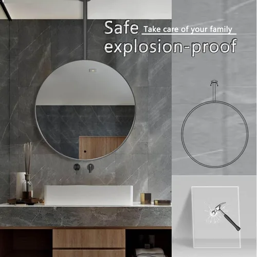 Vista 5 de Decorative Mirrors for Wall, Circle Ceiling Mounted Mirror, Floating Bathroom Vanity Hanging Mirror with Black Metal Frame and Boom - Round
