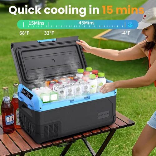 Vista 2 de Refrigerador portátil para auto de 20L, refrigerador con congelador de una zona de 21QT con evaporador de expansión por soplado, puerta reversible