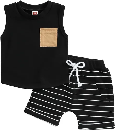 Vista 14 de Kupretty Ropa para bebé niño de 6, 12, 18, 24 meses, 2T 3T, trajes de verano, sin mangas, camiseta y pantalones cortos casuales Negro