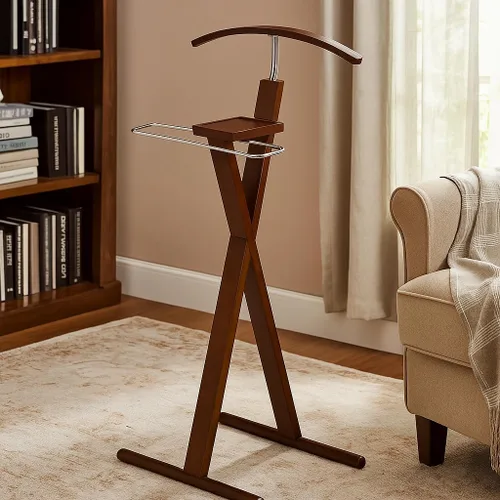 Vista 7 de Proman Products Josh - Organizador independiente de madera con bandeja, percha, barra de pantalones, nogal