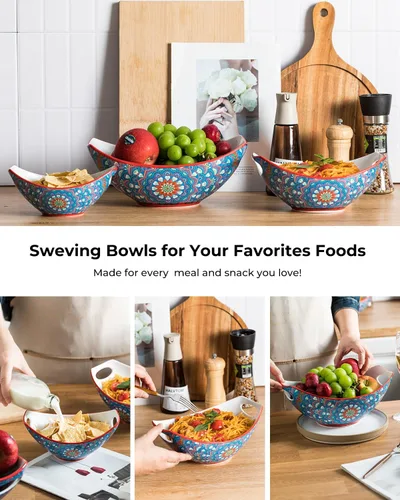 Vista 4 de LAUCHUH Tazones para servir con asas, platos de porcelana bohemia para entretener coloridos cuencos anidables para ensalada para cocina, fiesta