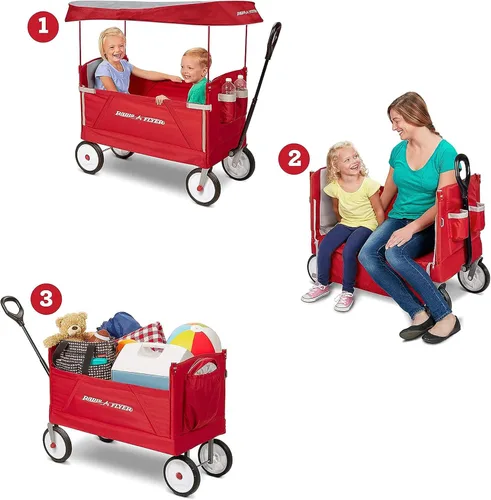 Vista 2 de Carrito plegable Radio Flyer para niños, carro rodante, cochecito de bebé, carrito de playa, carrito plegable 3 en 1 EZ con toldo, color rojo