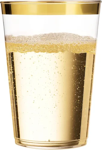 Vista 6 de Munfix 100 vasos de plástico dorados de 14 onzas, vasos transparentes con borde dorado, elegantes vasos desechables para boda, fiesta, con borde
