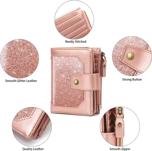 Vista 4 de Simikol Cartera pequeña para mujer, billetera plegable con bloqueo RFID, tarjetero con bolsillo con cremallera, Escarcha Oro rosa, Vintage
