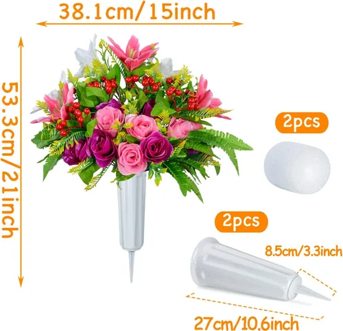 Vista 2 de XONOR Flores artificiales de cementerio con jarrón, juego de 2 ramos de lirios de rosas artificiales, flores conmemorativas para decoración