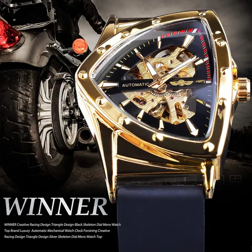 Vista 2 de FORSINING Reloj mecánico automático triangular Gold Shield, esfera de gran tamaño, diseño de esfera totalmente hueca, movimiento automático, correa