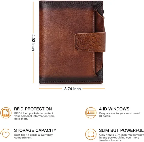 Vista 4 de FALAN MULE Billetera de cuero genuino suave con bloqueo RFID, plegable, elegante, con cremallera, bolsillo para monedas, con 4 ventanas