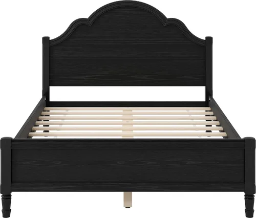 Vista 4 de Base de cama de plataforma de madera maciza tamaño Queen con cabecera de arco, base de listones resistente (negro - W, Queen)