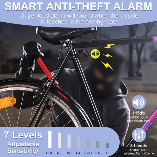 Vista 8 de Bocina de bicicleta vehículo eléctrico inalámbrico sistema de alarma de vibración con sensor de movimiento, alarma antirrobo impermeable recargable