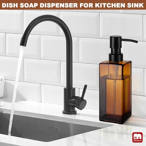 Vista 4 de Dispensador de jabón de vidrio ámbar GMISUN, dispensador de jabón de manos con bomba de acero inoxidable para baño, dispensadores de cocina