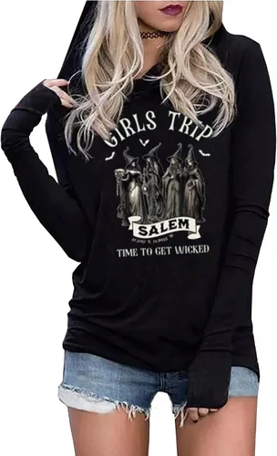 Vista 17 de Susongeth Halloween Sanderson Sisters - Sudadera con capucha para mujer, diseño de Hocus Pocus, de manga larga, ligera, sin botones Negro