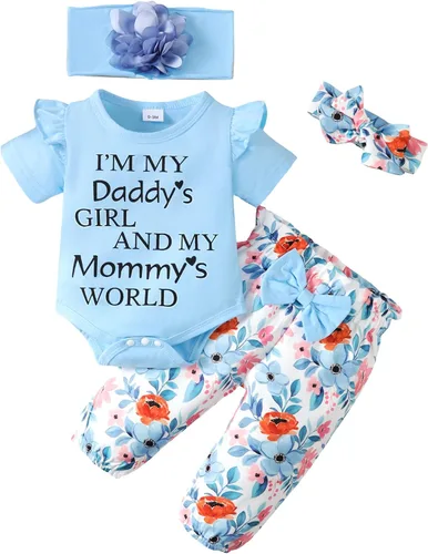 Vista 14 de SUNNY PIGGY Ropa para bebé recién nacida, 4 piezas, lindos trajes de otoño Rosa (Bow Pink)