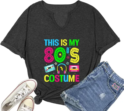 Vista 2 de Camiseta con cuello en V de los años 80 y 90 para mujer, diseño retro colorido de neón This is My Costume 80 90's Nostalgia camiseta de manga corta