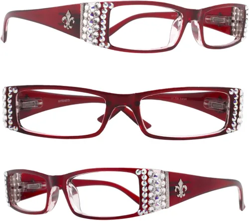 Vista 5 de The French, (Bling) Fleur De Lis Women Reading Glasses Adorned with (Clear + Aurora Borealis) Austrian Crystals, Magnifying (Transparent Red)