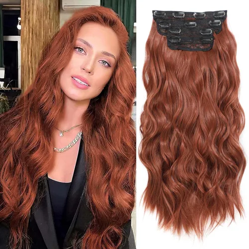 Vista 13 de 4 piezas de extensiones de cabello rizado con clip, color dorado oscuro, mezcla de rubio beige, sintético de 20 pulgadas de largo, extensiones