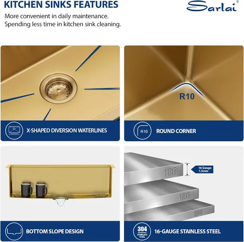 Vista 4 de Sarlai Fregadero de cocina empotrado de 30 pulgadas dorado - Fregadero de cocina de 76,2 cm x 45,7 cm con repisa para estación de trabajo de acero
