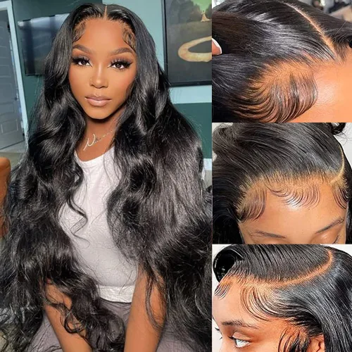 Vista 6 de Pelucas de cabello humano ondulado con encaje frontal de 13 x 4 para mujeres negras, sin pegamento, color negro natural, 32 pulgadas