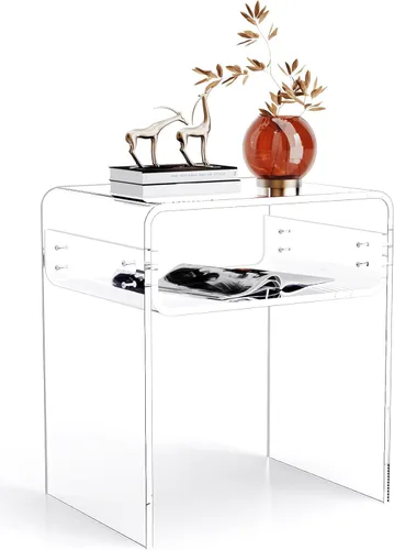 Vista 20 de Mesa auxiliar de acrílico transparente de 2 niveles Mesa de noche para sala de estar, dormitorio, decoración del hogar (Negro)