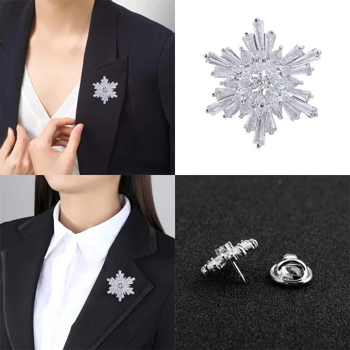 Vista 8 de OKA Broche de copo de nieve de cristal austriaco transparente, elegante broche de cristal blanco para mujer, Cobre