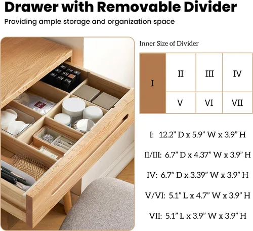Vista 5 de Escritorio compacto de madera maciza con organizador de cajones, bordes redondeados y fácil montaje para espacios pequeños, mesa de maquillaje