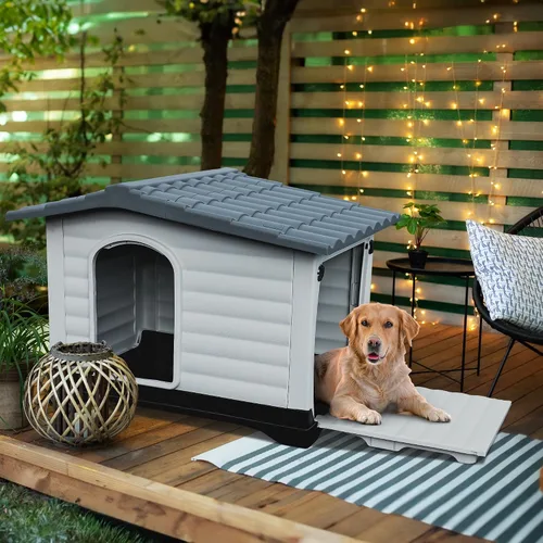 Vista 8 de YITAHOME Casa para perros grande de 2 puertas con base elevada y cojín, casa de plástico para perros pequeños y medianos, fácil montaje, impermeable