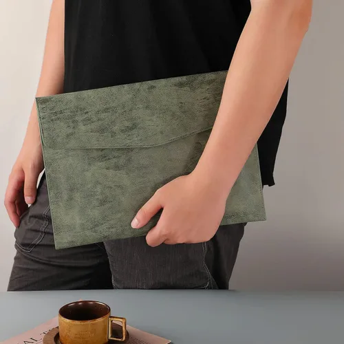 Vista 6 de Carpeta de archivos A4 de cuero PU Portafolio impermeable carpeta sobre con cierre a presión verde militar