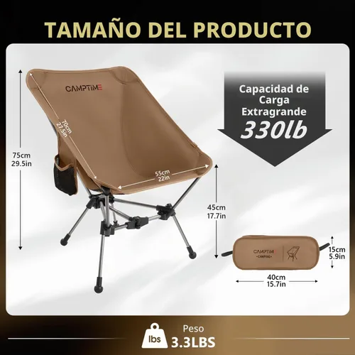 Vista 2 de Camptime Silla de camping portátil, silla de mochilero compacta ligera con bolsillo lateral, silla plegable de asiento ancho para camping