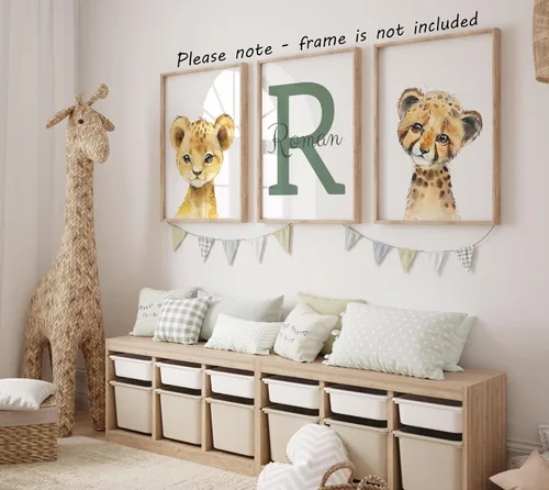 Vista 4 de Juego de 3 carteles personalizados de animales de safari para habitación de niños y niñas, sin marco, nombre personalizado, azul, verde, amarillo